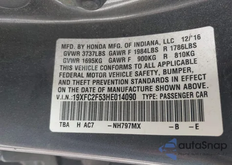 2017 Honda Civic Lx из США, поврежденный, VIN 19XFC2F53HE014090